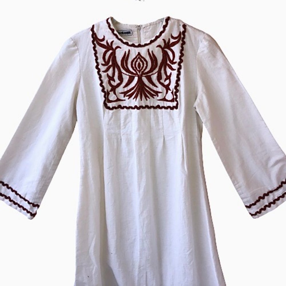 Vintage 70s Joseph Magnin Kaftan Dress Embroidered Ric Rac Cream Maxi Boho XS - Picture 7 of 15
